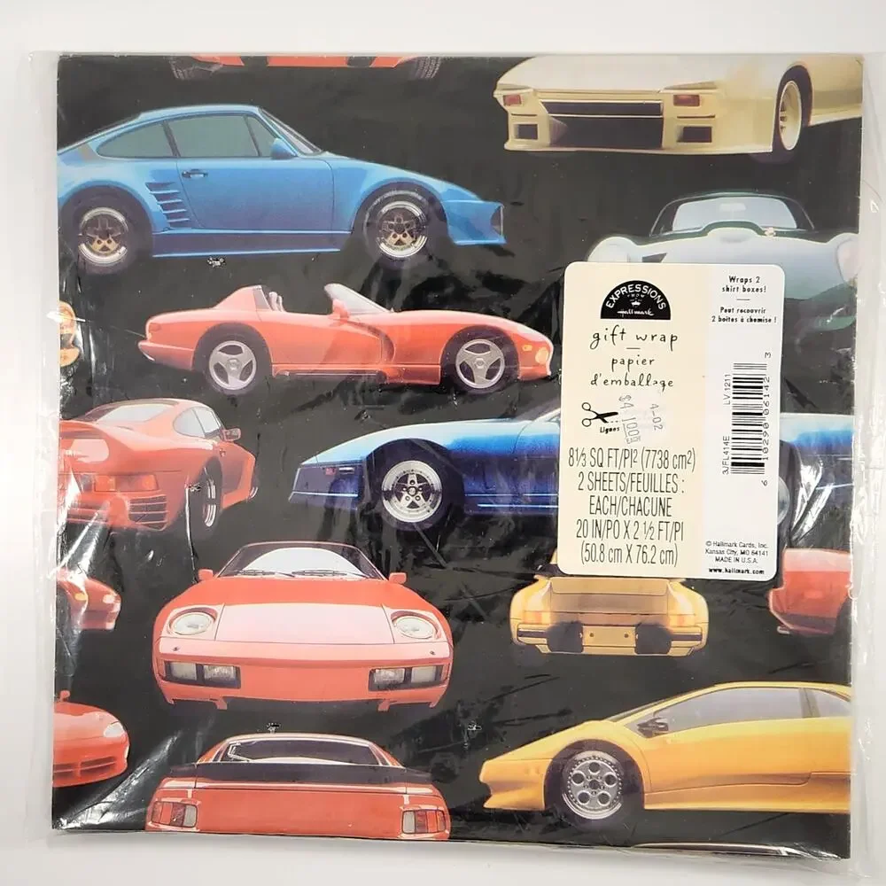 Vintage Hallmark Sports Cars Gift Wrap Paper – 2 Sheets Retro 80s Party Supplies